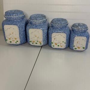 Pottery Craft Blue Sponge ware Four Piece Canister Set With Raised White Duck